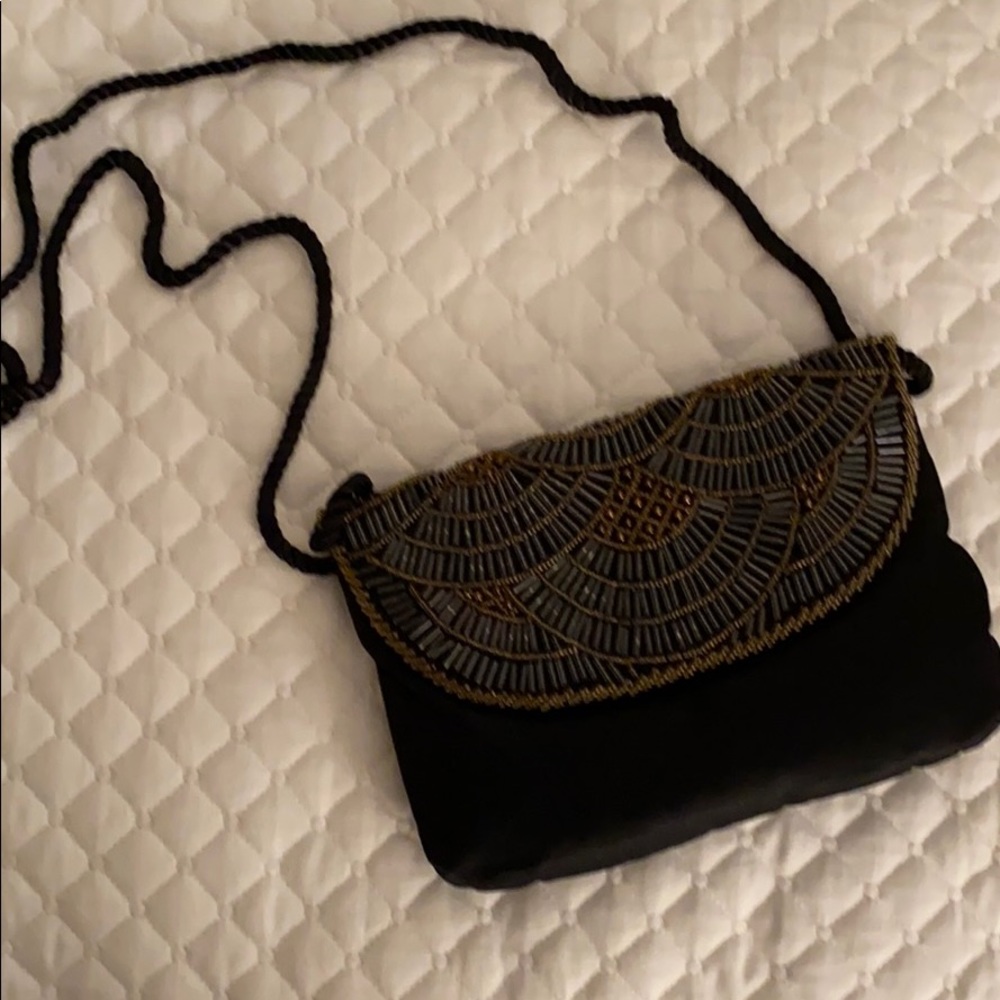 Vintage black satin evening bag.  6 x 8 inches